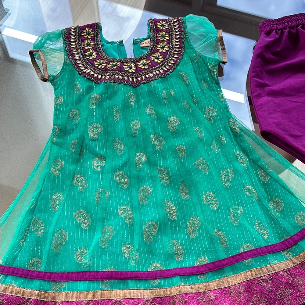 Vibrant Teal Dress with Purple Embroidery